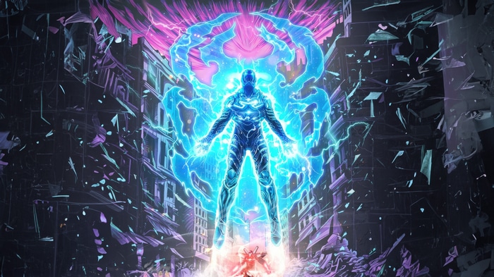 Blue Beetle surrounded by blue energy in a destroyed city
