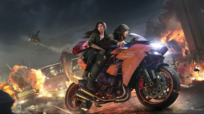 Undawn: A couple rides a motorcycle through a burning city