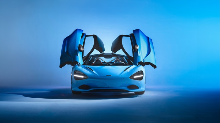 Blue McLaren 750S Coupe with Doors Open