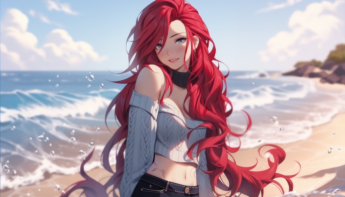 Anime girl with red hair on a beach