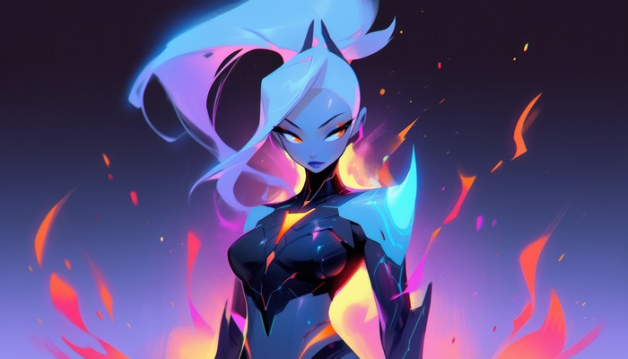 Artwork of a female character with blue and purple hair