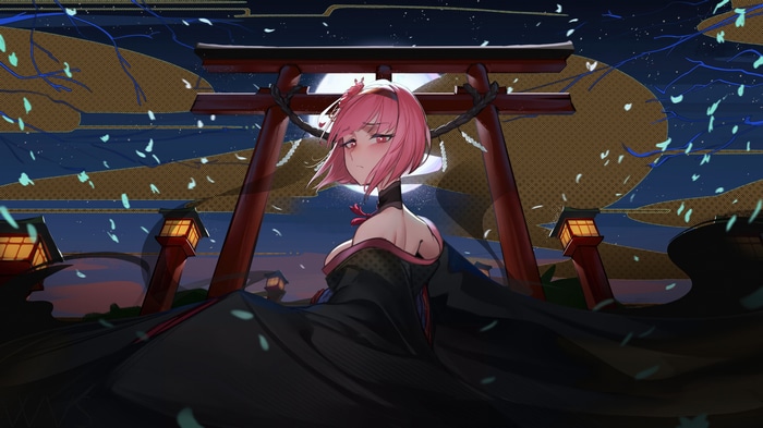 Anime girl with pink hair in a black kimono