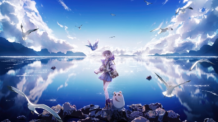 Anime girl and creature by the sea with seagulls