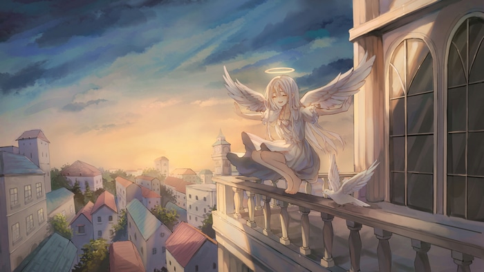 Anime girl with wings on a balcony overlooking a city