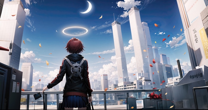 Anime girl with halo overlooking city