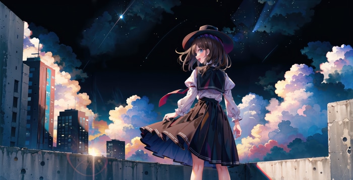 Anime girl in hat on rooftop at night