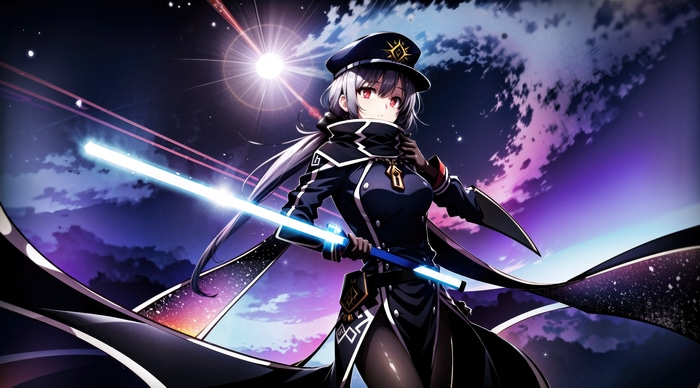 Anime girl with a glowing sword in space