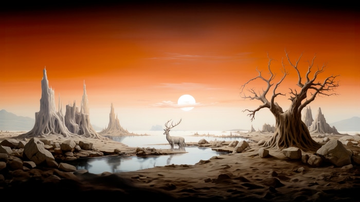 Deer in a surreal alien landscape with a dead tree