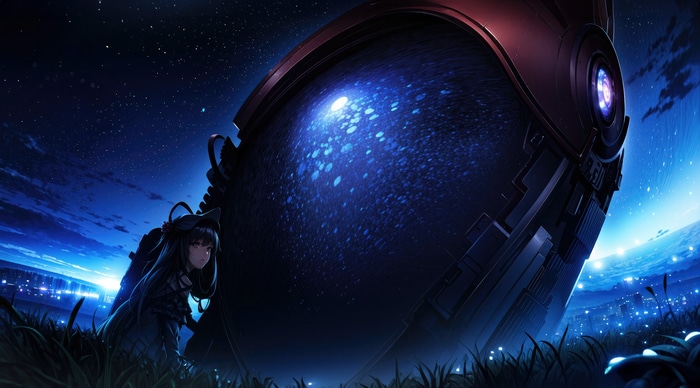 Anime girl near a large futuristic object under the stars