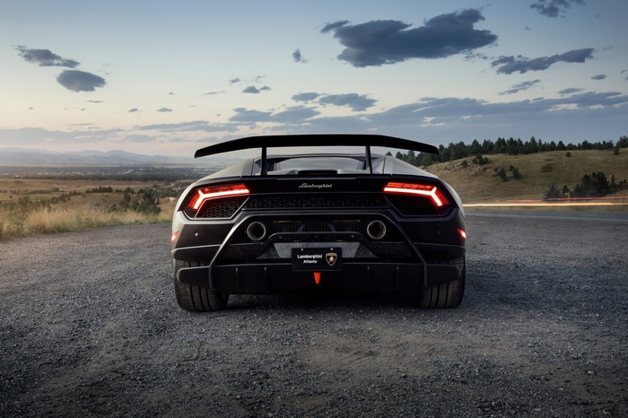 Black Lamborghini Huracan Performante with large wing