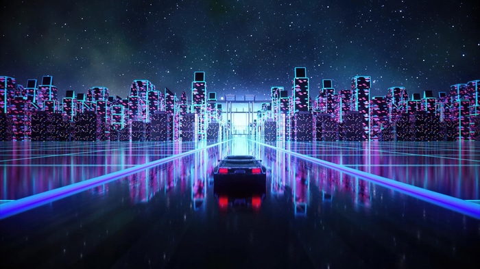 Synthwave car driving through a neon city at night 4K