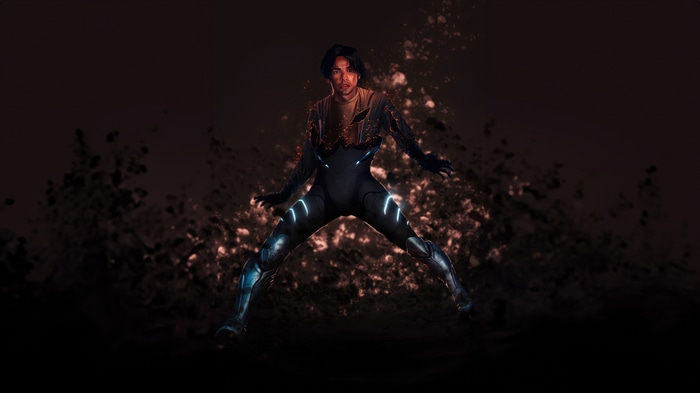 Blue Beetle in a dark, smoky environment