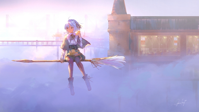 Girl on a broomstick flying over clouds