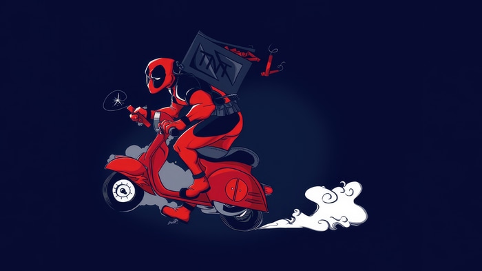 Deadpool riding a red scooter with a TNT package