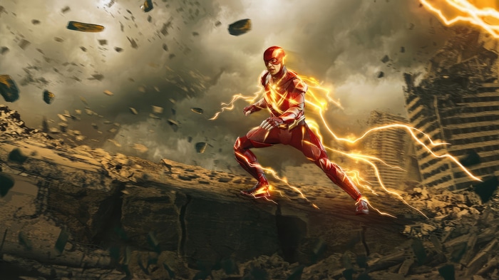 The Flash in a destroyed city with lightning
