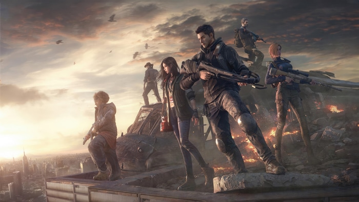 Undawn characters on a rooftop overlooking a destroyed city