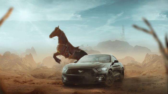 Black Ford Mustang and Horse in Desert