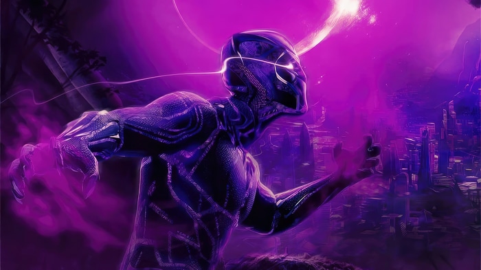 Black Panther in a purple, futuristic city 4K
