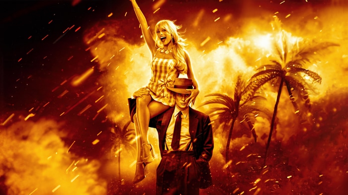 Oppenheimer and Barbie in a fiery scene