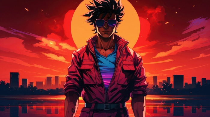 Anime man with sunglasses against a sunset cityscape