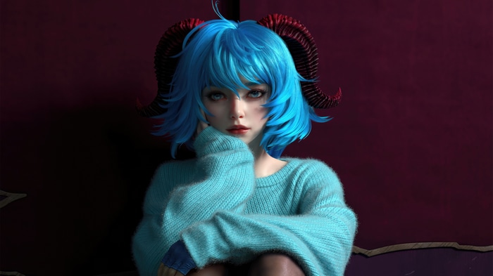 Genshin Impact character with blue hair and horns