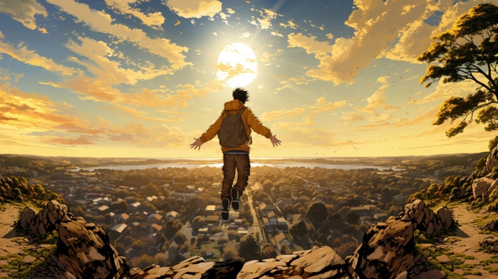 Man jumping from cliff at sunset