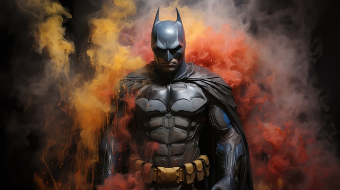 Batman surrounded by colorful smoke