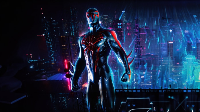 Spider-Man 2099 standing in a futuristic city