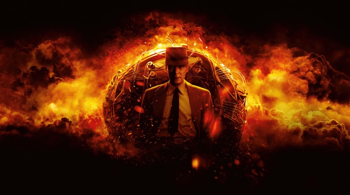 Oppenheimer in front of a fiery orb