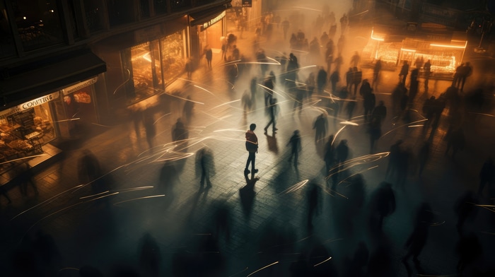 A lone figure stands amidst a blurred crowd on a street at night