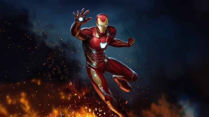 Iron Man in a dynamic pose with fire and smoke