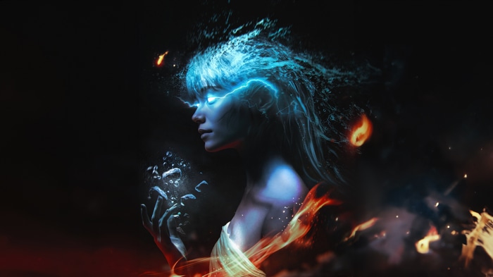 Artwork of a woman with elemental powers