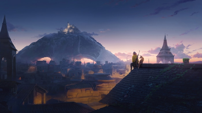 Artwork of a person and a fox on a rooftop