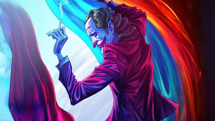 The Joker smoking a cigarette with a colorful cape