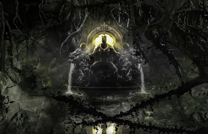 Black Panther on a throne in a dark jungle