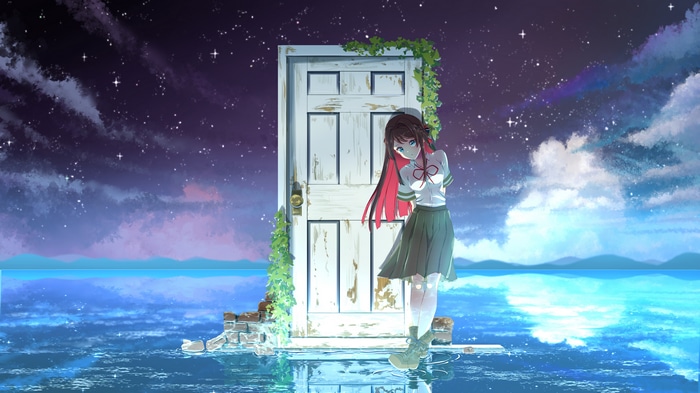 Anime girl by a door in the ocean under the stars