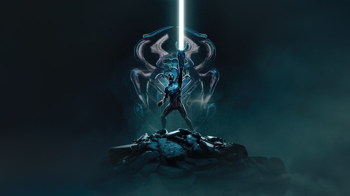 Blue Beetle holding a light beam