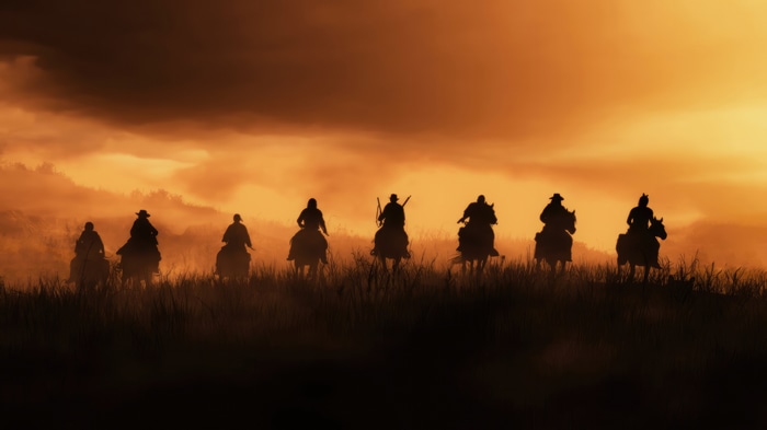 Red Dead Redemption 2 group of riders at sunset