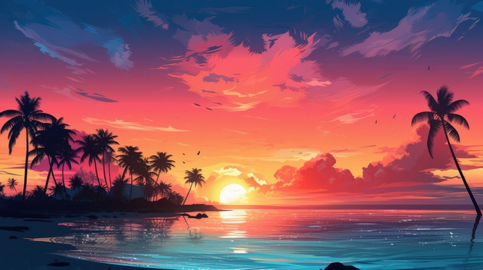 Minimalist Sunrise over Tropical Beach with Palm Trees 4K