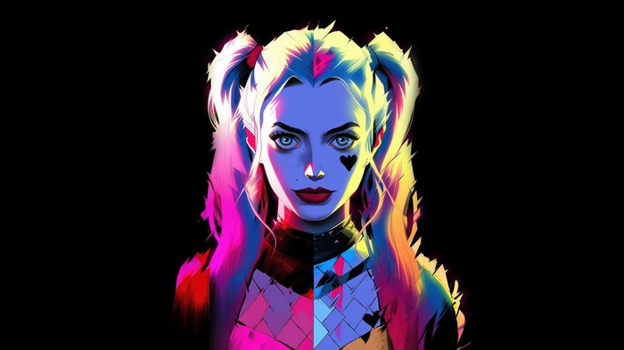 Harley Quinn in vibrant neon colors on black background