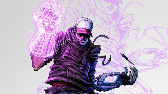 Artwork of a man with a holographic gauntlet