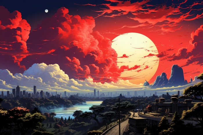 Cityscape with Red Clouds and Large Sun