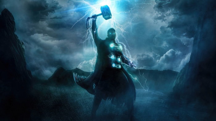 Thor summoning lightning with Mjolnir in a stormy landscape