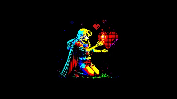 Pixel art of a girl holding a glowing heart