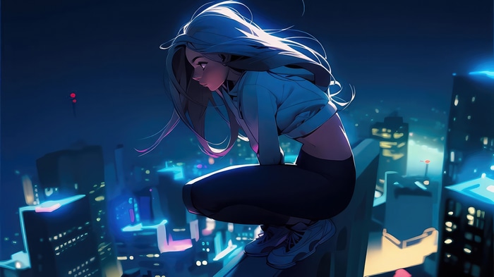 Anime girl crouching on a rooftop at night
