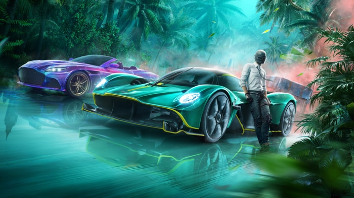 PUBG player with two sports cars in a jungle