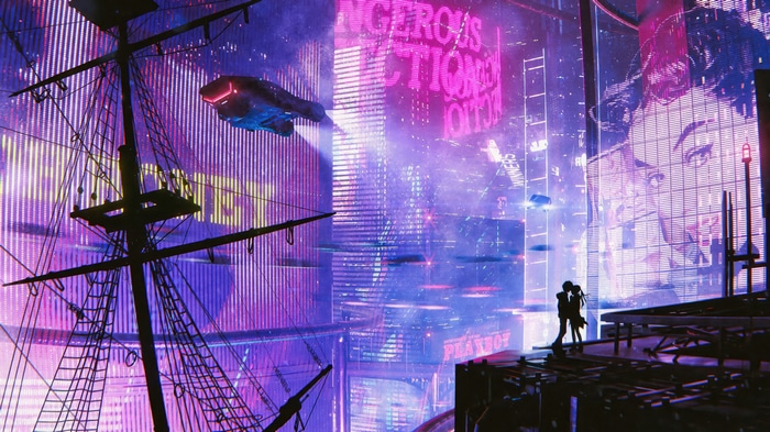 Couple kissing in a futuristic city with a pirate ship