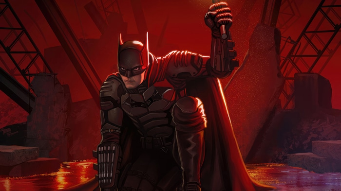 The Batman holding a flare in a red industrial setting