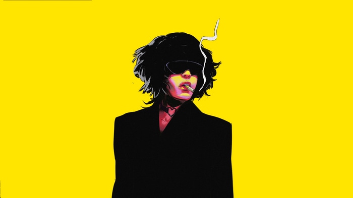 Artwork of a person smoking on a yellow background