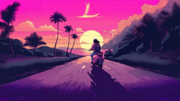 Vaporwave artwork of a person riding a scooter at sunset